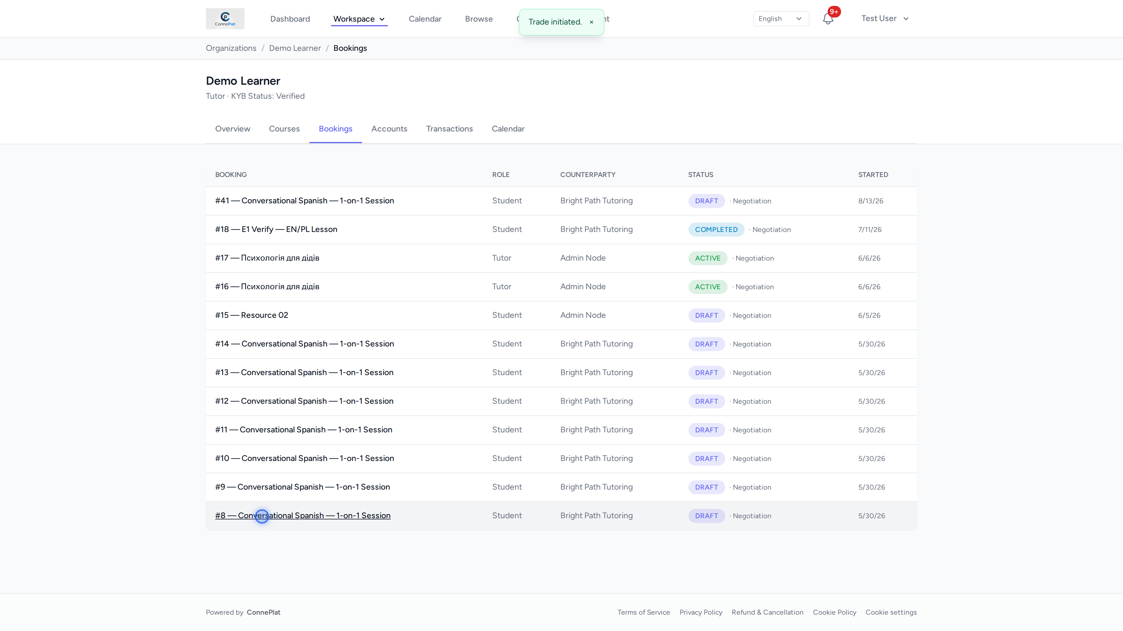 A student's bookings list: number, role, counterparty, status and date.