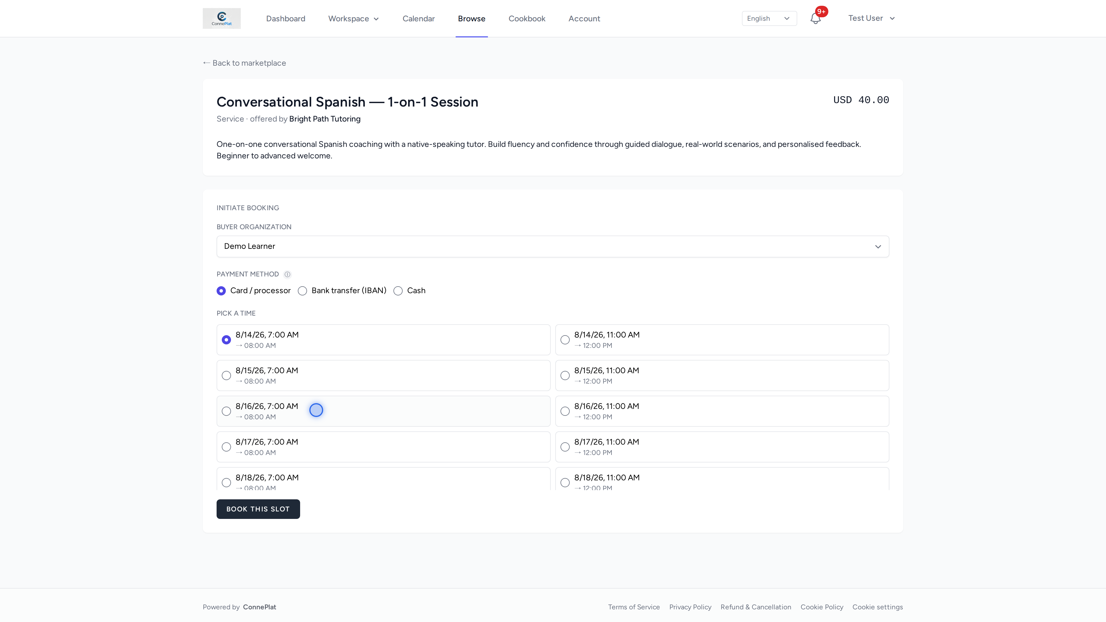 The booking form: organisation, payment method, and the list of open slots.