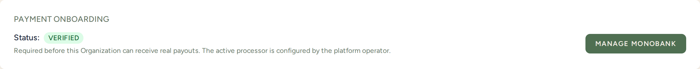 The payment onboarding section on a workspace, showing the status and the connect button.
