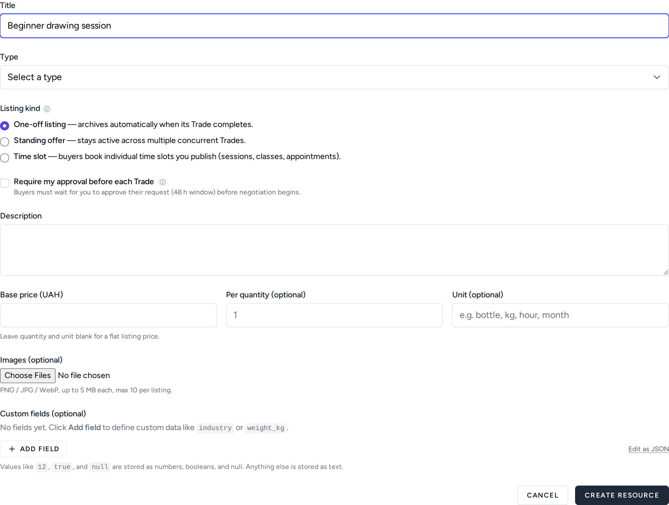 The new-listing form: title, type, listing kind, approval toggle, description, pricing, images and custom fields.