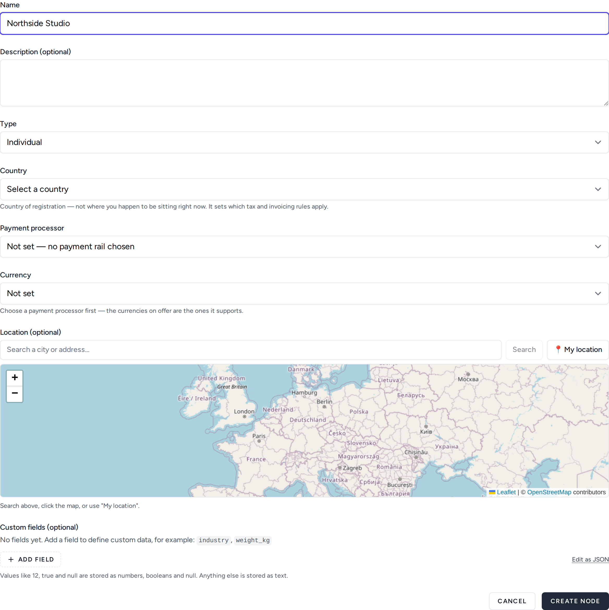 The create form: name, description, type, country, payment processor, currency, location map and custom fields.
