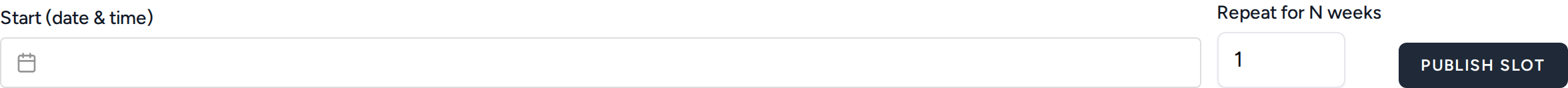 The publisher: a start date and time, a repeat count in weeks, and a publish button.