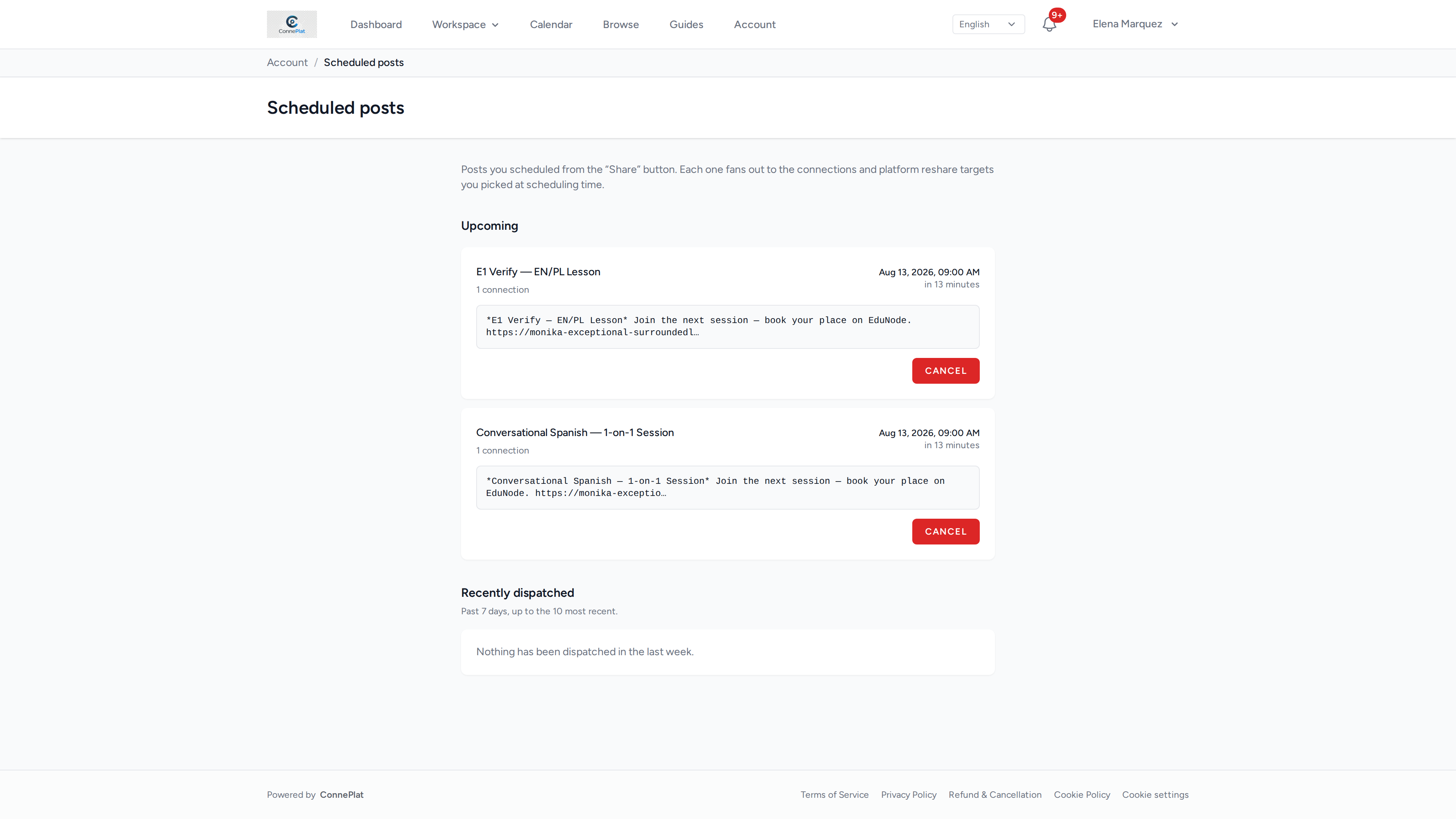 The Scheduled posts list, showing upcoming posts, their targets and the time they will go out.