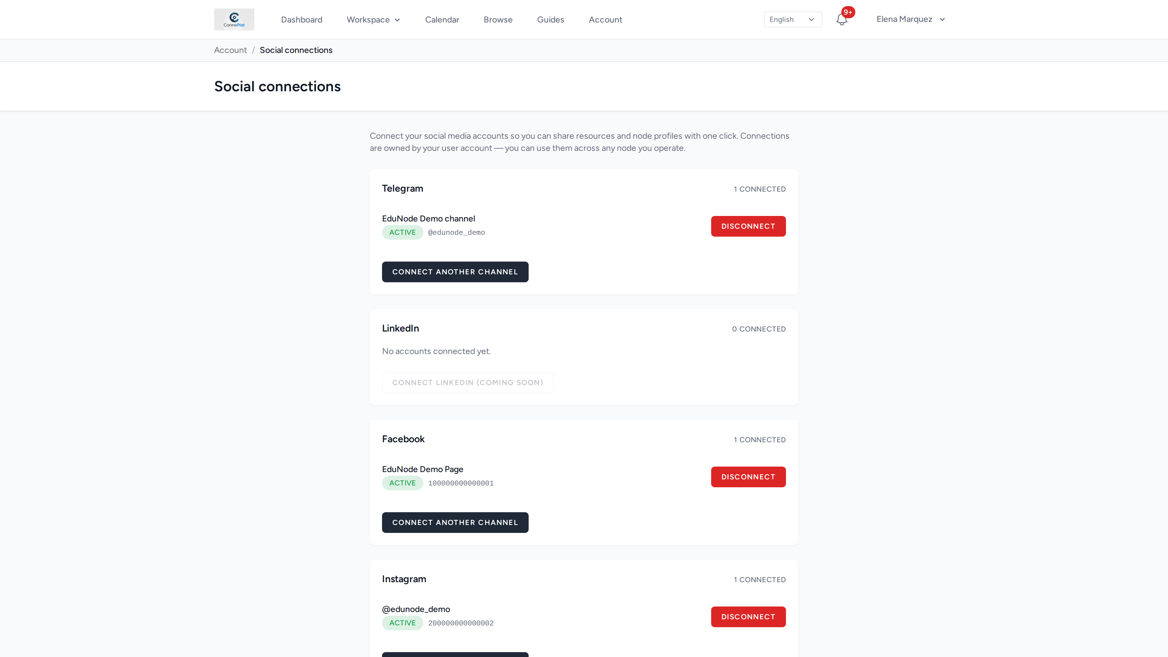 The Social connections page, with a connected Telegram channel, a Facebook page and an Instagram account.