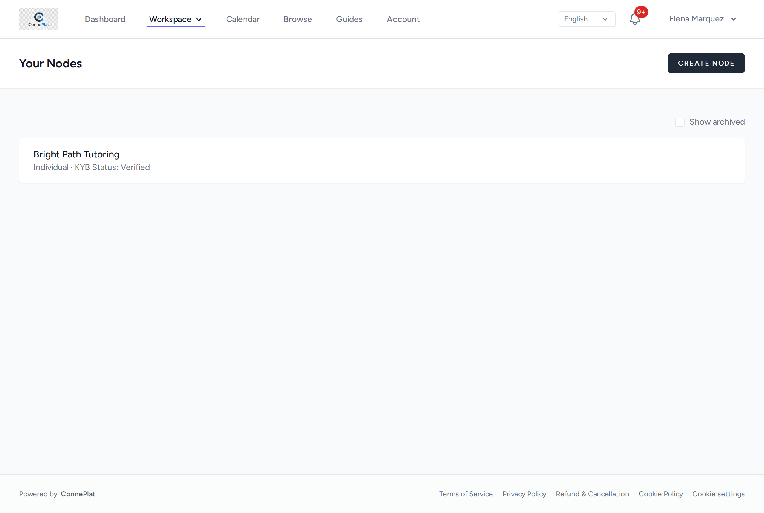 The Workspace menu, listing the workspaces this account owns, with the button that creates another.